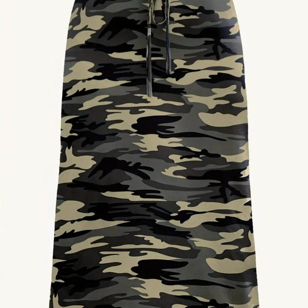 Plus Size Camo Print Drawstring Skirt, Elegant Midi Skirt For Spring & Summer, Women's Plus Size Clothing