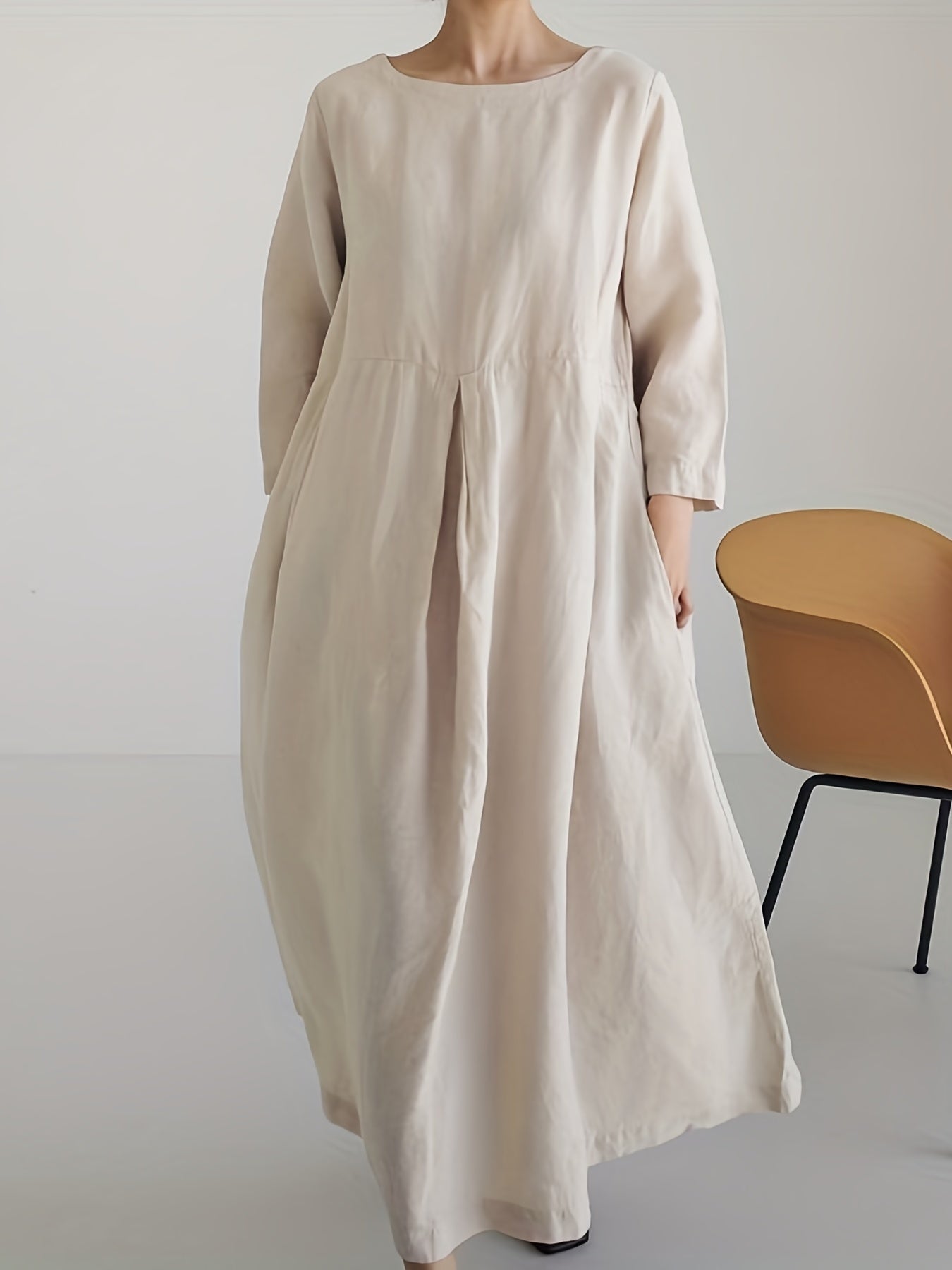 Chic Solid Maxi Dress with Pleated Hem - Flattering 3/4 Sleeves & Loose Fit - Perfect for Spring & Fall - Womens Casual Crew Neck Dress