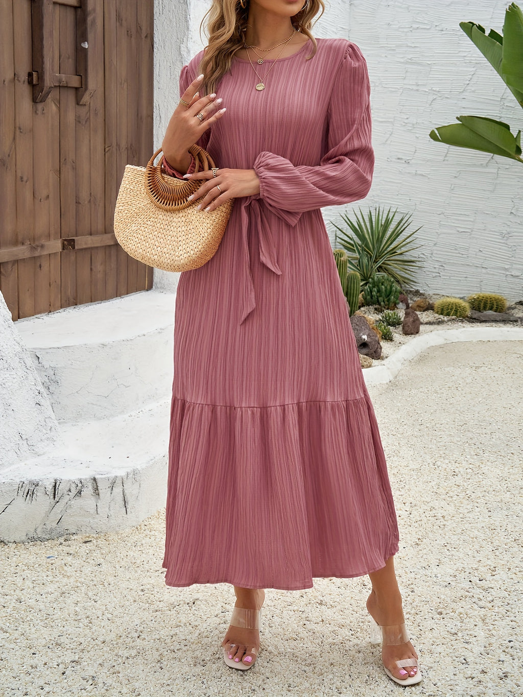 Elegant Women's Middle Eastern-Inspired Tie-Waist Maxi Dress - Solid Color, Round Neck, Non-Stretch Polyester, Machine Washable, Sizes S to XL, A-Line, Perfect for Spring/Summer/Fall