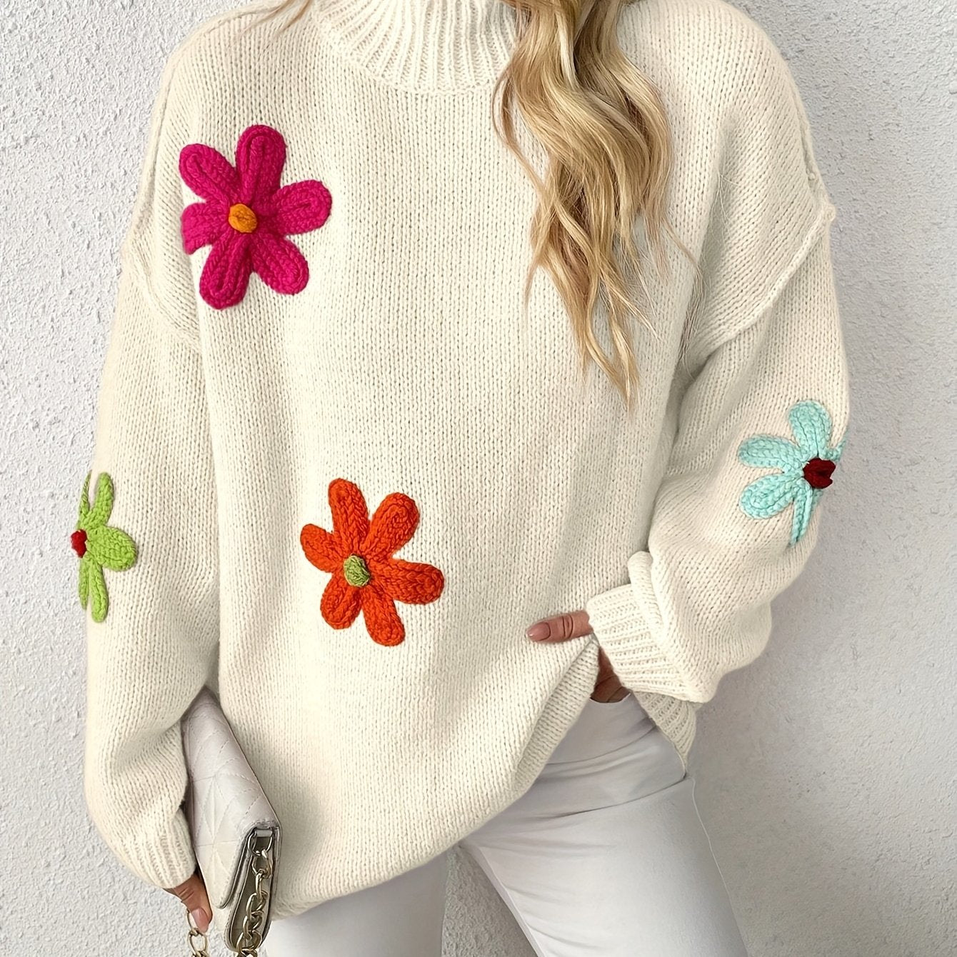 Plus Size Floral Applique Knit Sweater, Casual Long Sleeve High Neck Top For Fall & Winter, Women's Plus Size Clothing