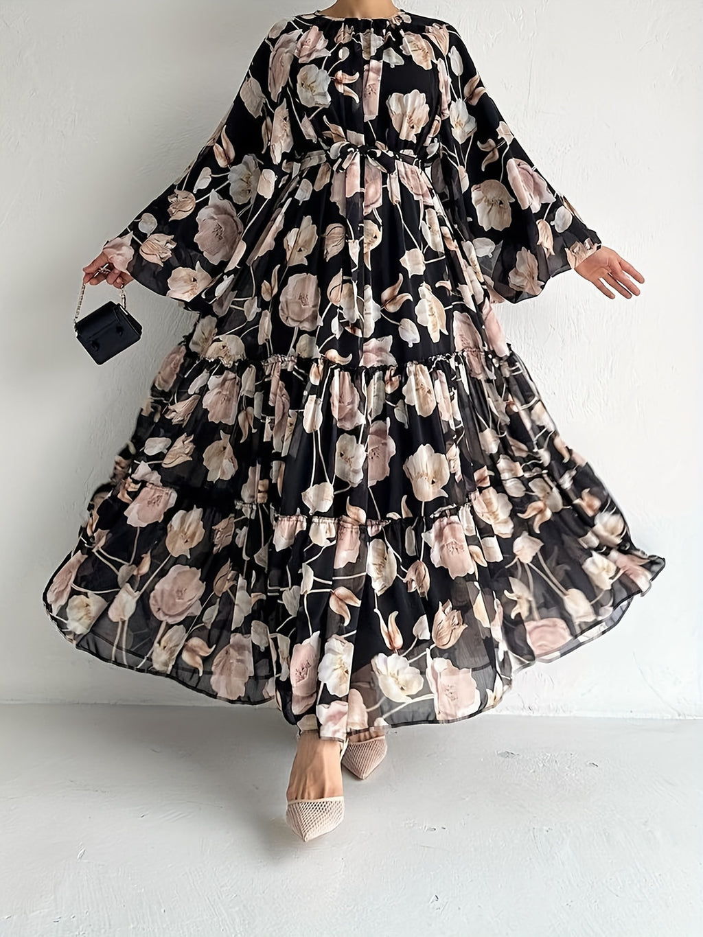 Flawless Floral Print Kaftan Maxi Dress - Flowy Crew Neck, Belted Waist, Luxurious Long Sleeves - A Stylish & Elegant Womens Clothing Choice for All Seasons