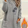 Women'S Cozy Fleece-Lined Long Sleeve Pullover Sweatshirt with Dandelion Print - Soft, Stretchy, and Casual Fall/Winter Wear, Orange, Round Neck, Regular Fit, Casual Wear|Dandelion Print Top|Stretchy Fabric, Women Jumper And