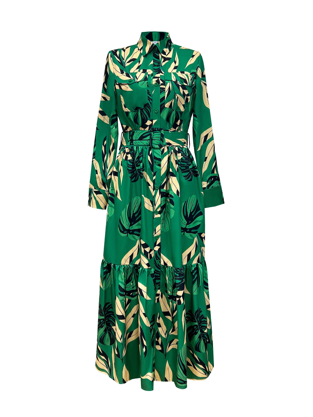 Stylish Pendulum Maxi Dress - Elegant Lapel Neck, Belted, Long Sleeve, Random Print Polyester Dress for Spring & Fall - Customized, Woven, No Elasticity, Sheer-Free