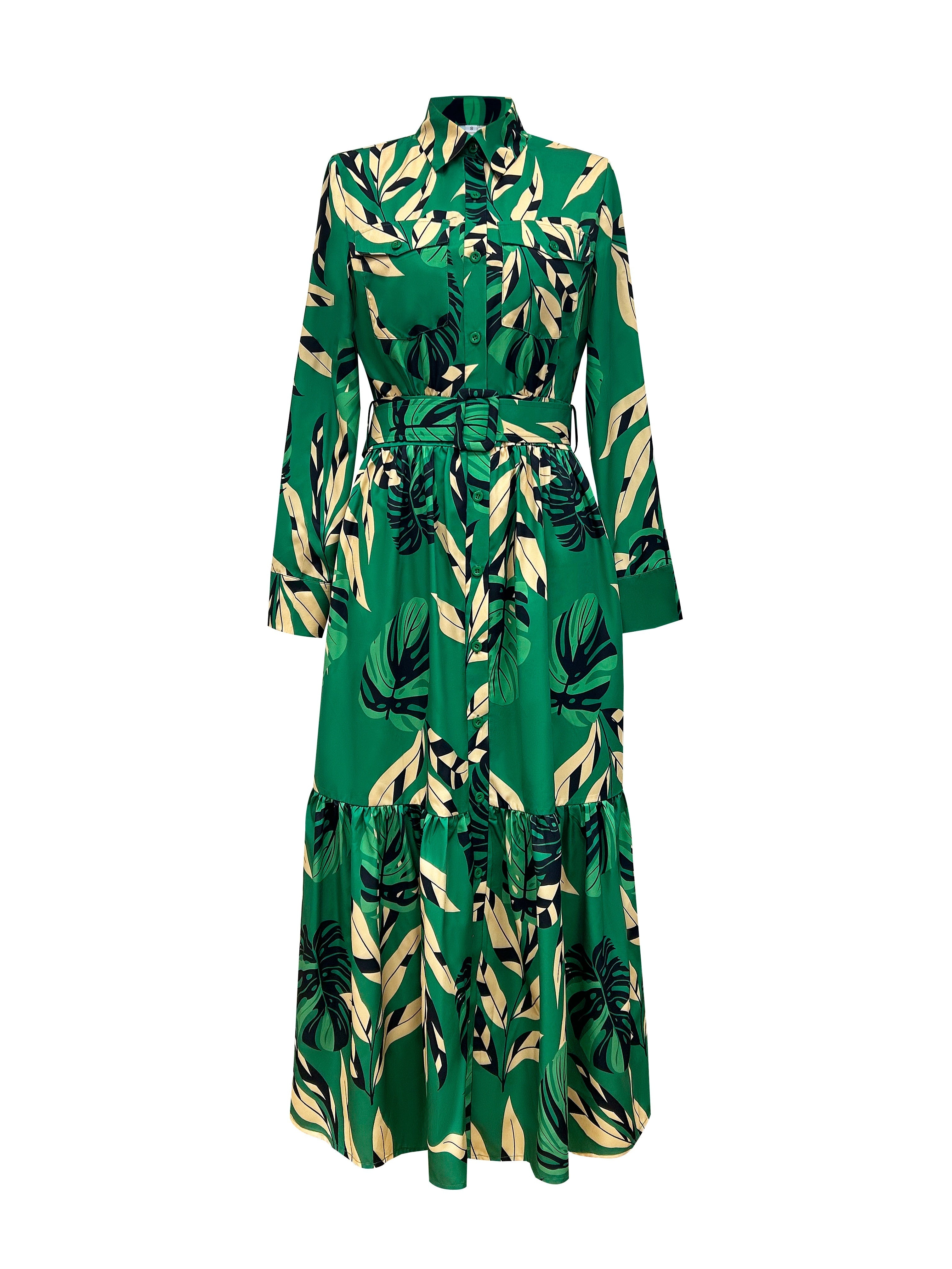Stylish Pendulum Maxi Dress - Elegant Lapel Neck, Belted, Long Sleeve, Random Print Polyester Dress for Spring & Fall - Customized, Woven, No Elasticity, Sheer-Free