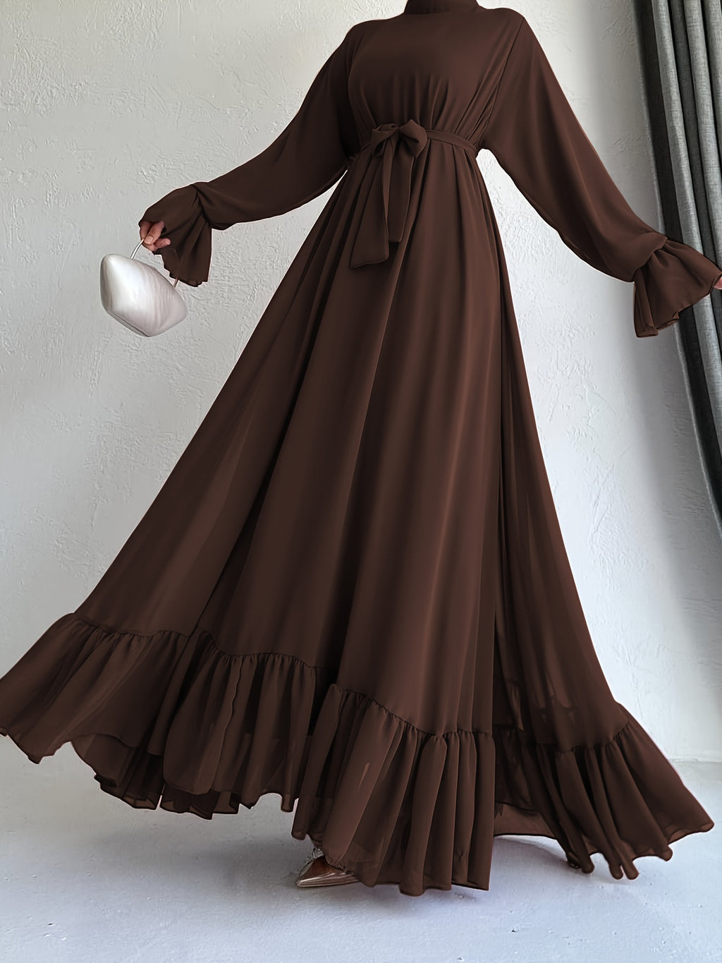 Stunning Solid Color Belted Peplum Maxi Dress - Elegant Abayas for Women with Long Sleeves, Pleated Design, and Flattering Silhouette for Spring and Fall Seasons - Chic and Modest Clothing for Ladies
