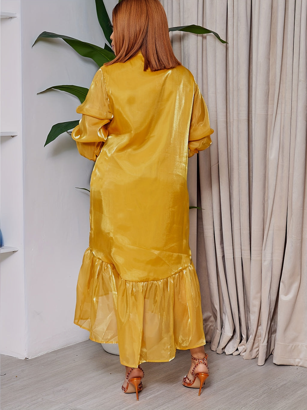 Plus Size Solid Color Dress, Casual Long Sleeve Tie Neck Button Front Ruffle Hem Dress For Spring & Summer, Women's Plus Size Clothing