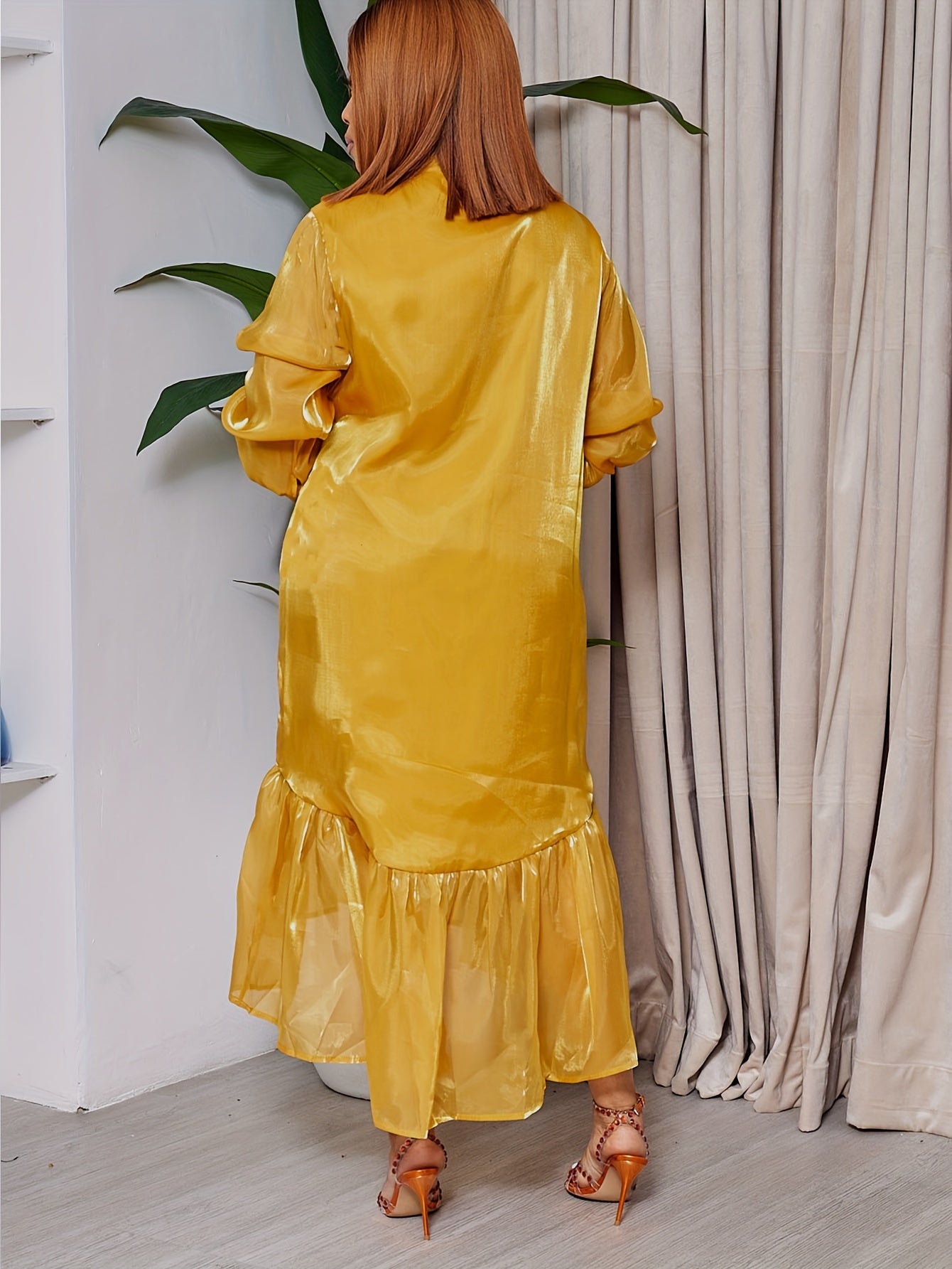 Plus Size Solid Color Dress, Casual Long Sleeve Tie Neck Button Front Ruffle Hem Dress For Spring & Summer, Women's Plus Size Clothing
