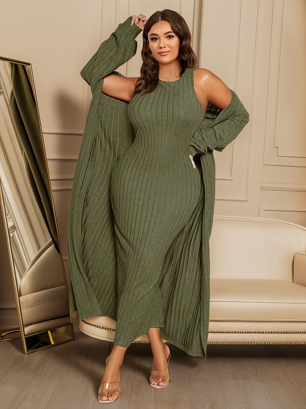 Plus Size Ribbed Chic Two-Piece Set - Long Sleeve Open Front Cardigan, Sleeveless Dress Outfits, Soft Stretchy Fabric, Flattering Fit, Women's Plus Size Clothing for Curvy Figures