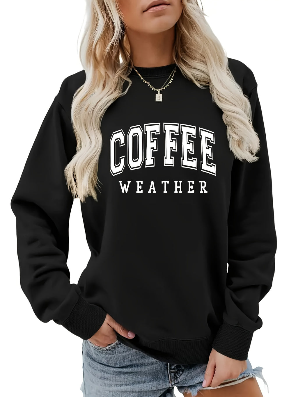 Plus Size Coffee Print Sweatshirt, Casual Long Sleeve Crew Neck Pullover Sweatshirt, Women's Plus Size Clothing