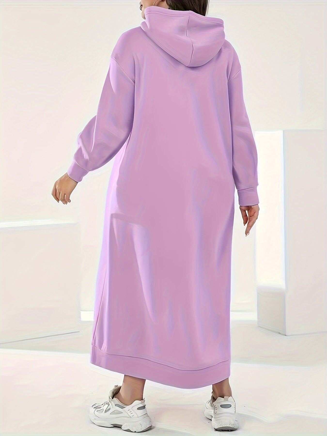 Plus Size Solid Hooded Dress - Soft, Cozy, Long Sleeve with Drawstring Kangaroo Pocket - Casual Maxi Dress for Fall & Winter, Women's Comfortable Plus Size Clothing for Everyday Wear