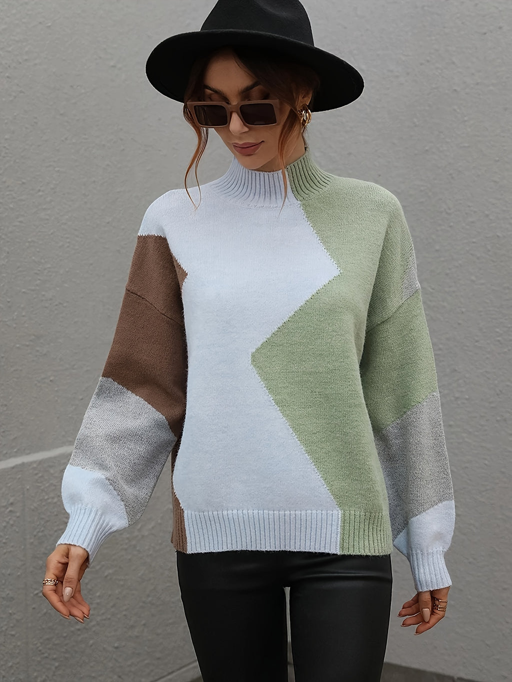 Plus Size Color Block Turtle Neck Sweater, Long Sleeve Elegant Sweater For Spring & Winter, Women's Plus Size Clothing