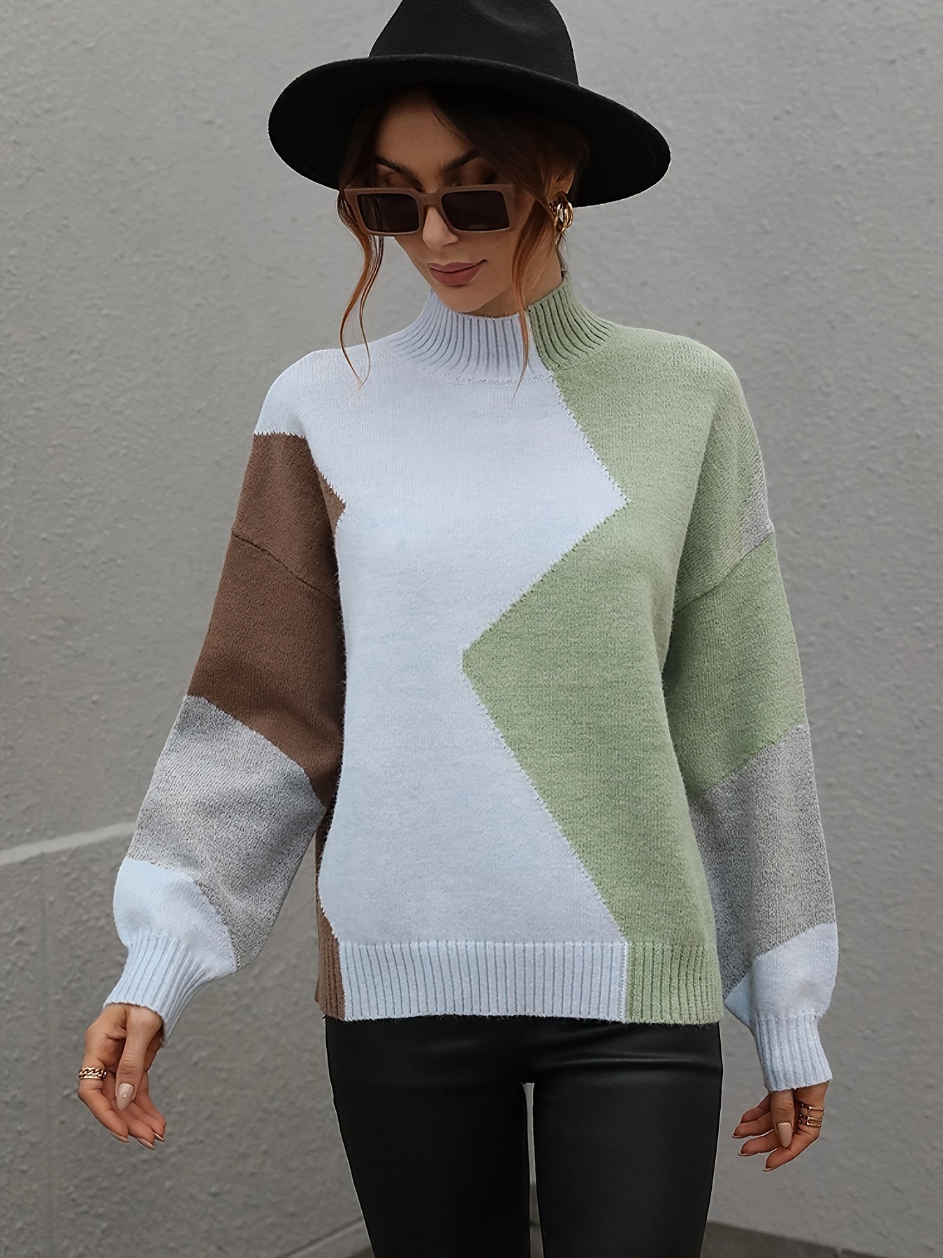 Plus Size Color Block Turtle Neck Sweater, Long Sleeve Elegant Sweater For Spring & Winter, Women's Plus Size Clothing