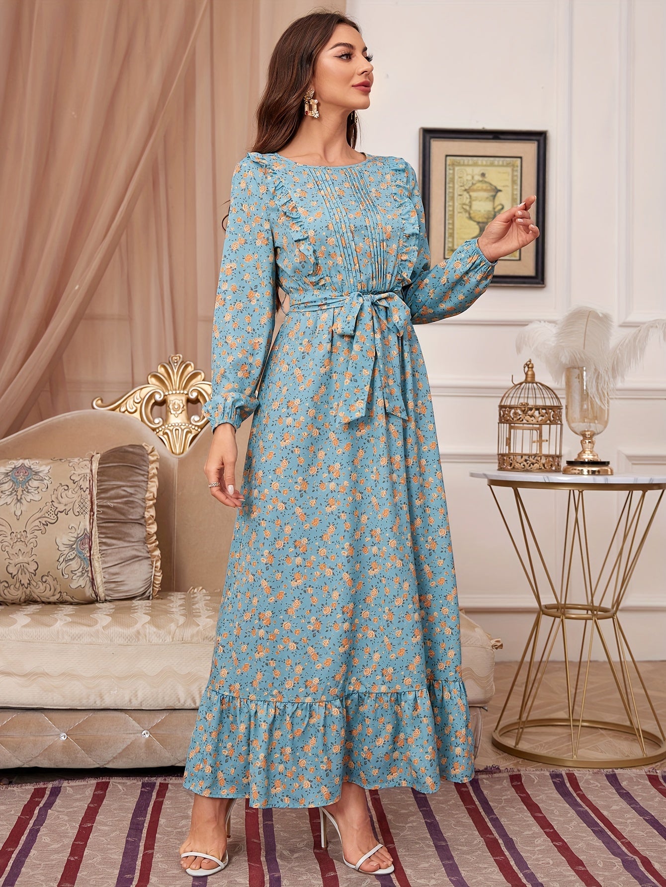 Floral Print Ruffle Hem Dress, Elegant Tucked Long Sleeve Belted Maxi Dress For Spring & Fall, Women's Clothing