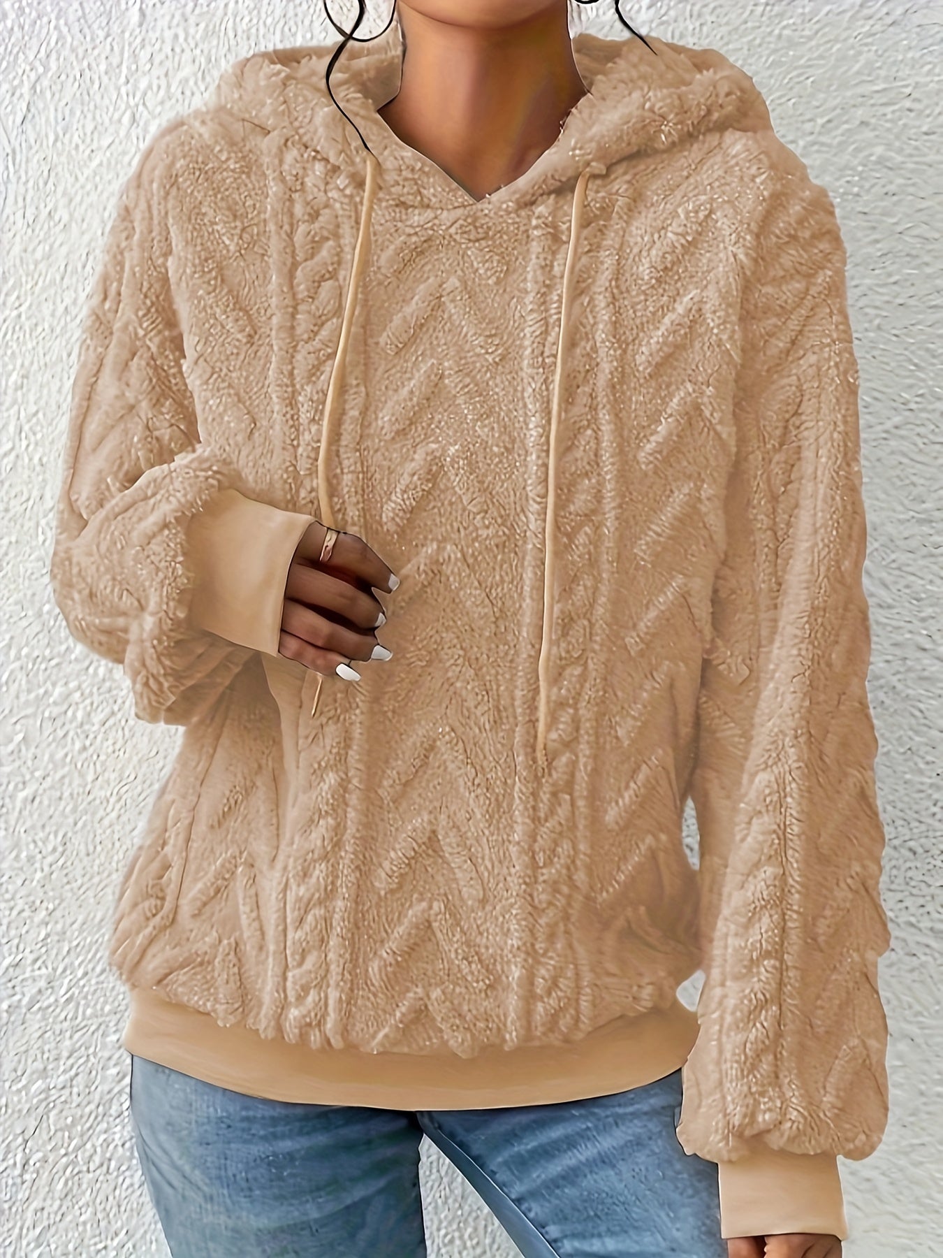 Plus Size Solid Fuzzy Hooded Sweatshirt, Casual Long Sleeve Pullover Sweatshirt, Women's Plus Size Clothing