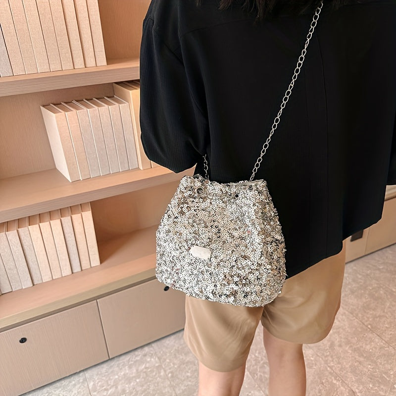 Fashion Sequins Popular Niche Design Sequin Bags Creative And Simple New Women's Bags Personality Chain Shoulder Diagonal Cross-body Bucket Bags Creative Sequin Simple Bags