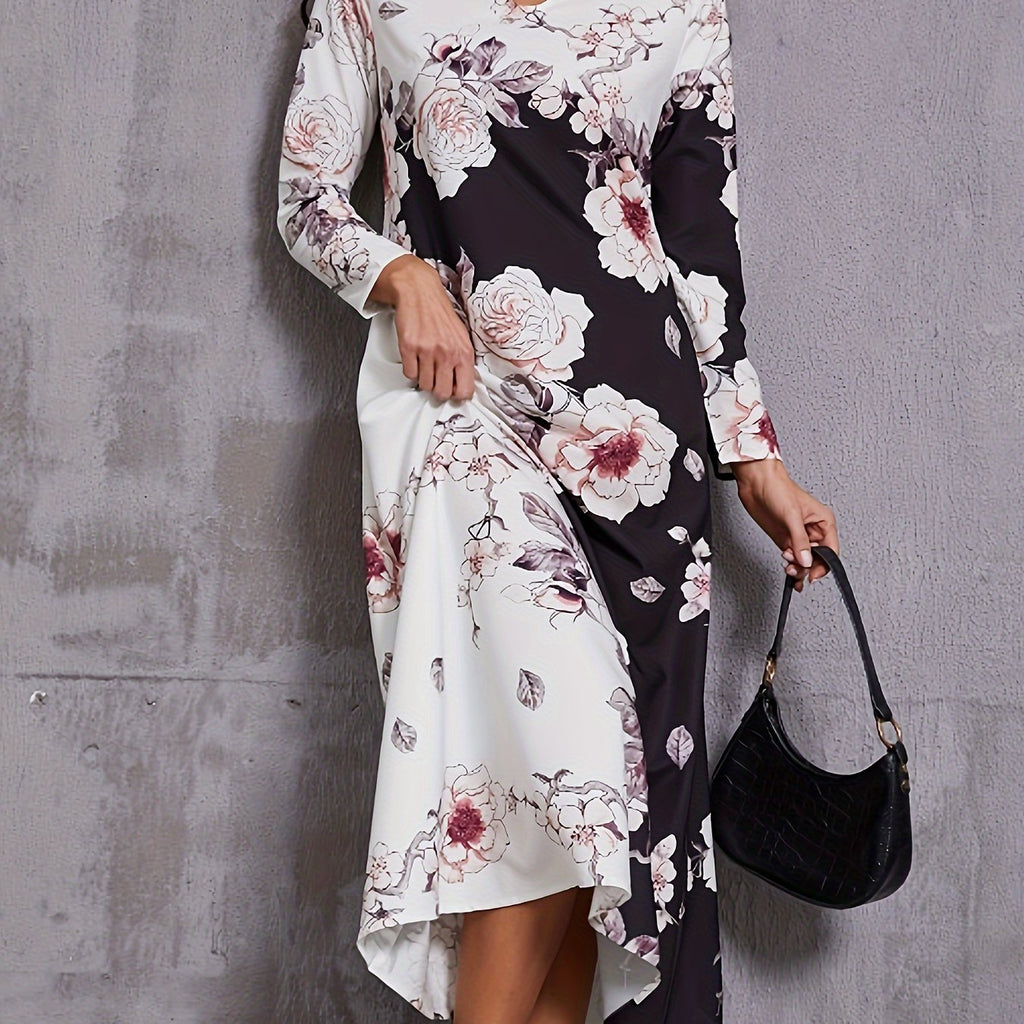 Floral Print Keyhole Dress, Elegant Long Sleeve Crew Neck Maxi Dress, Women's Clothing