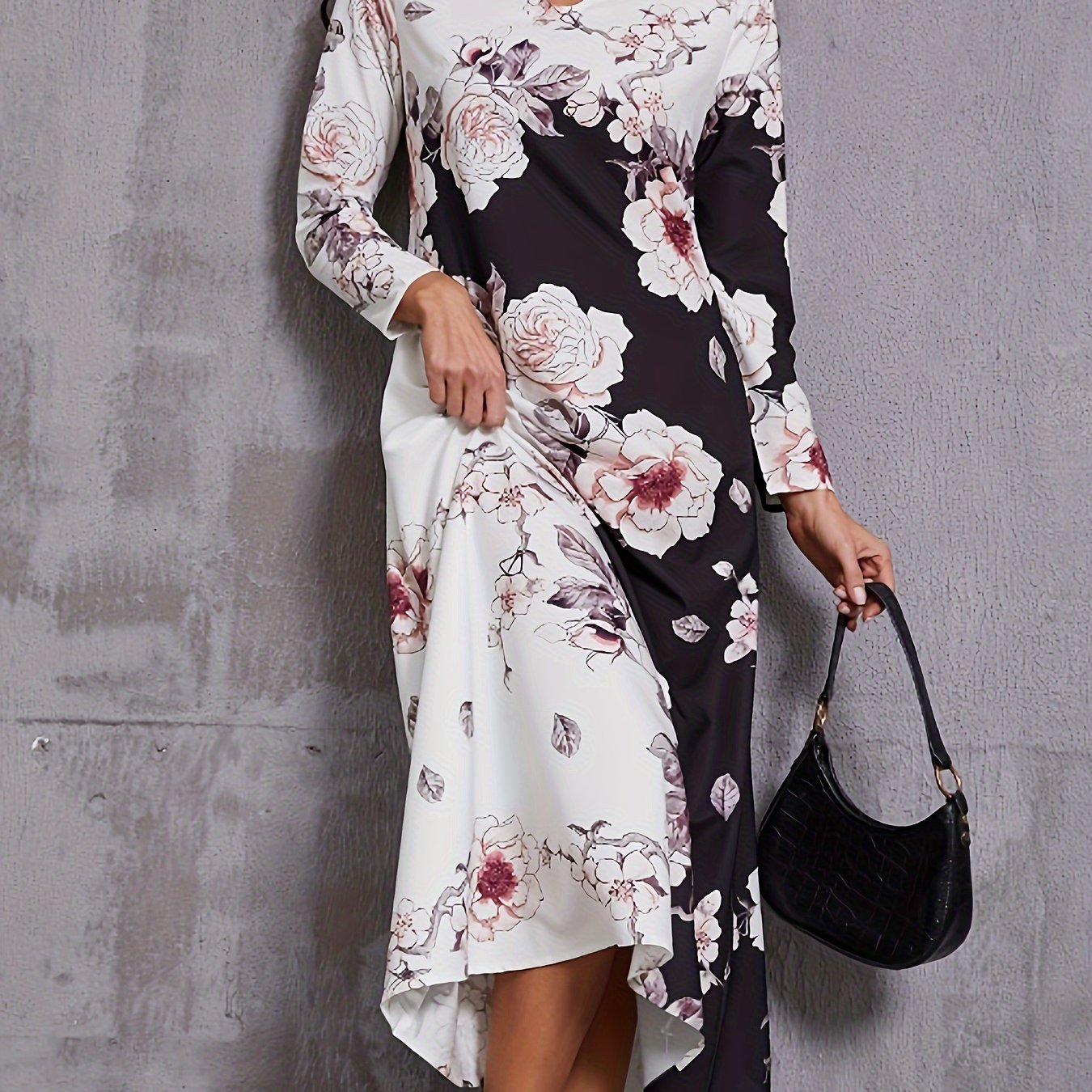 Floral Print Keyhole Dress, Elegant Long Sleeve Crew Neck Maxi Dress, Women's Clothing