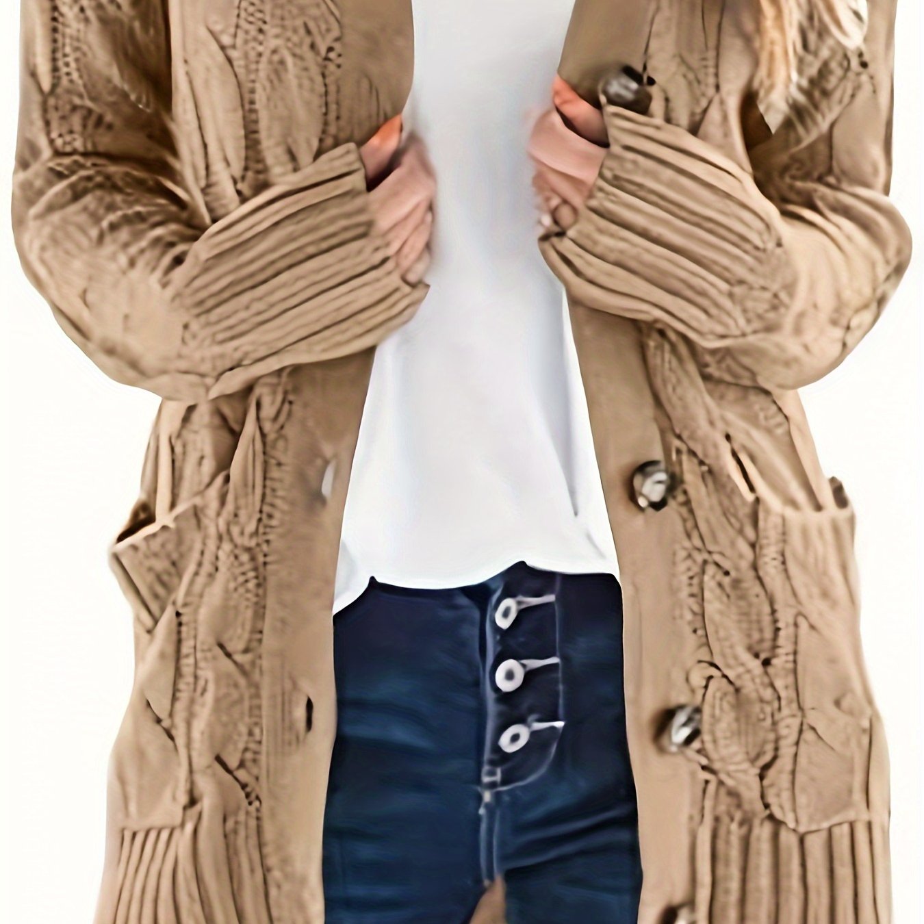 Plus Size Side Pockets Button Front Cardigans, Casual V Neck Solid Color Long Sleeve Cable Knit Cardigans Top For Winter & Fall, Women's Plus Size Clothing