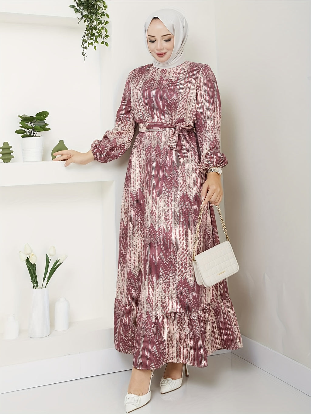 Elegant Floral Print Maxi Dress with Tie Waist - Crew Neck, Long Sleeve, Machine Washable - Perfect for All Seasons