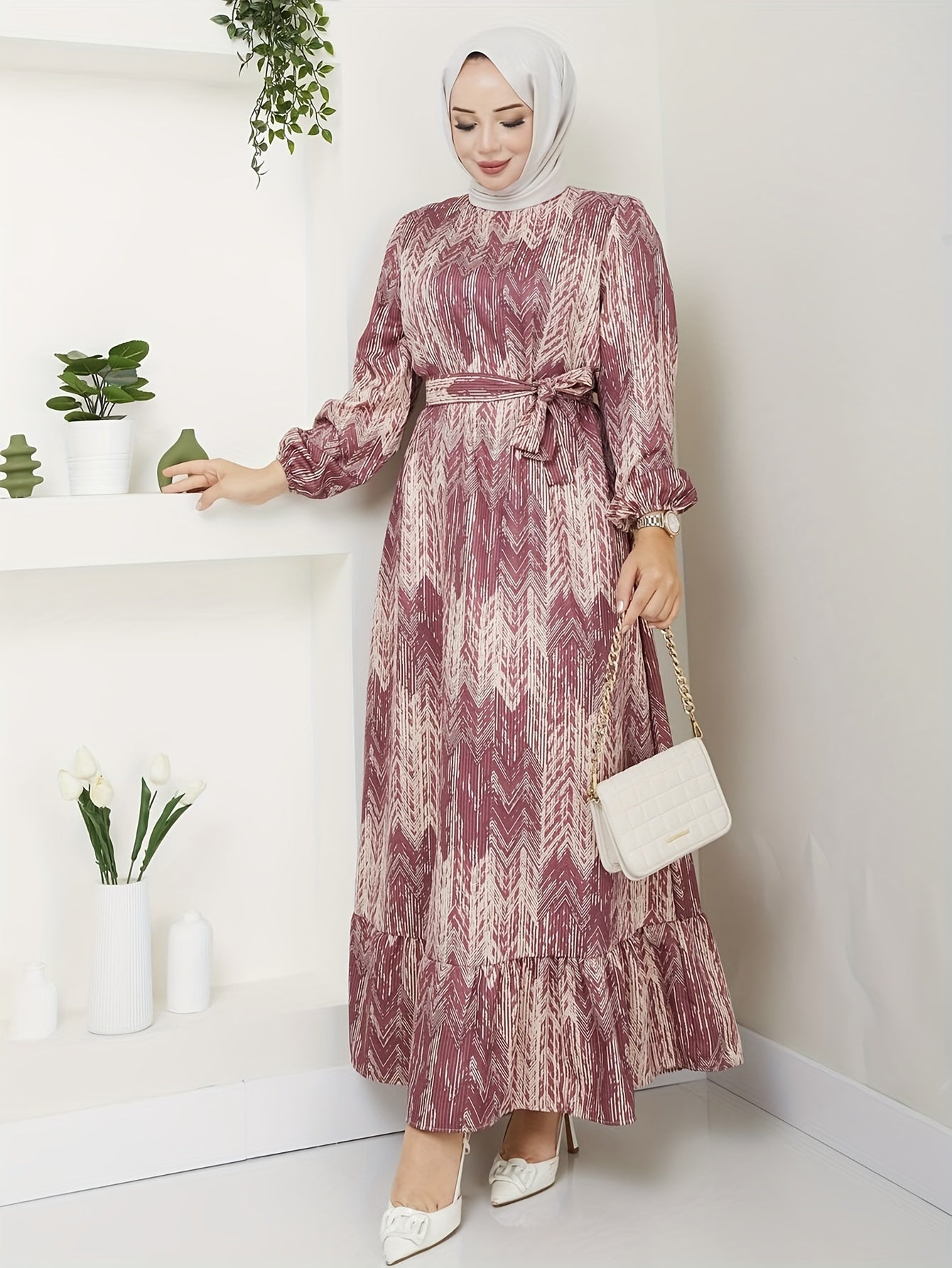 Elegant Floral Print Maxi Dress with Tie Waist - Crew Neck, Long Sleeve, Machine Washable - Perfect for All Seasons