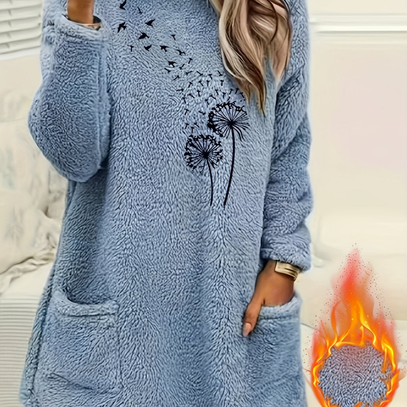 Women'S Cozy Fleece-Lined Long Sleeve Pullover Sweatshirt with Dandelion Print - Soft, Stretchy, and Casual Fall/Winter Wear, Orange, Round Neck, Regular Fit, Casual Wear|Dandelion Print Top|Stretchy Fabric, Women Jumper And