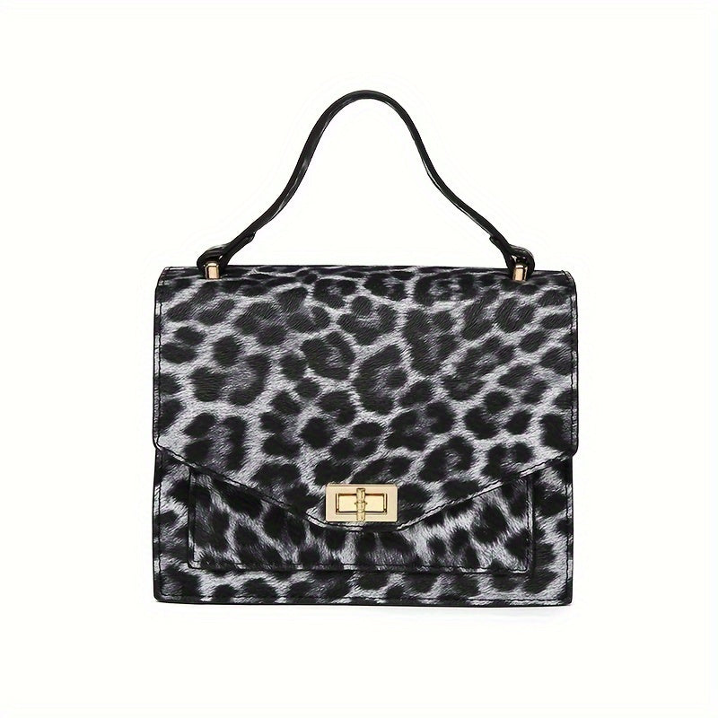 Leopard Print Handbag, Vintage Square Clutch Purse, Women's PU Leather Satchel Bag For Prom