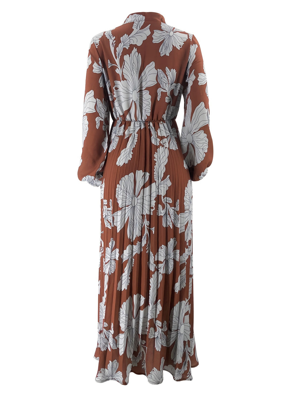 [Popular Choice] Elegant Pleated Maxi Dress with Floral Print - Casual Long Sleeve, Crew Neck, Machine Washable - Polyester & Spandex Blend, Middle Eastern Muslim Print