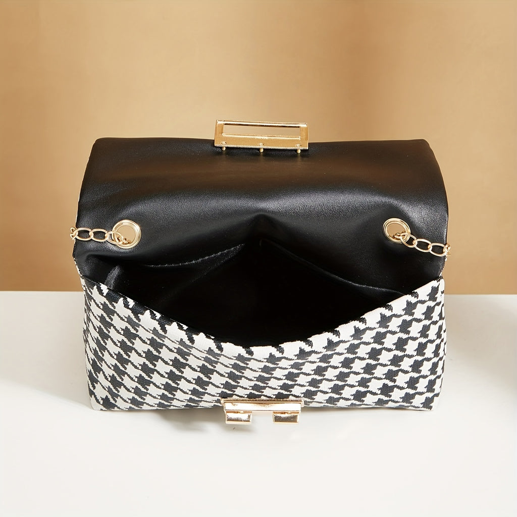 Houndstooth Crossbody Bag, Fashion Chain Shoulder Bag, Women's Flap Square Purse With Lock