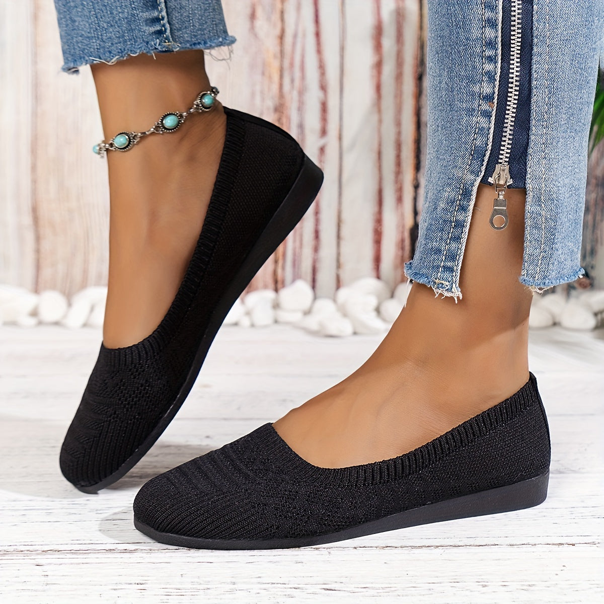 Women'S Light Blue Knit Slip-On Flats with Ankle Strap - Round Toe Casual Shoes, Comfortable Fabric Upper & Synthetic Cover Lining, All-Season Versatile for Casual Attire, Ladies Shoes