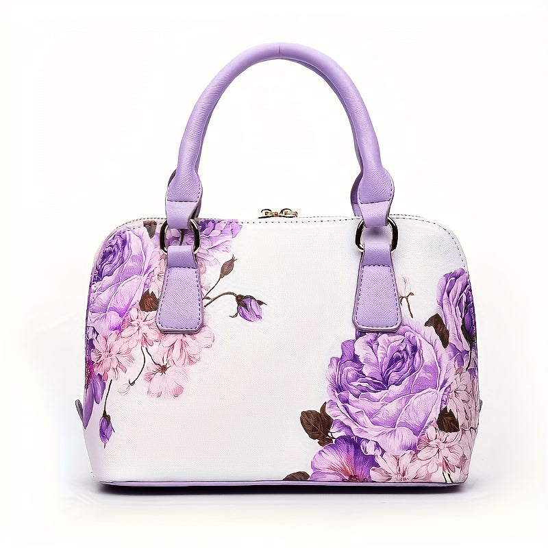 Stylish Floral Print Boston Bag - Spacious Top Handle Crossbody Handbag with Adjustable Shoulder Strap, Elegant Women's Fashion Purse for Daily Use
