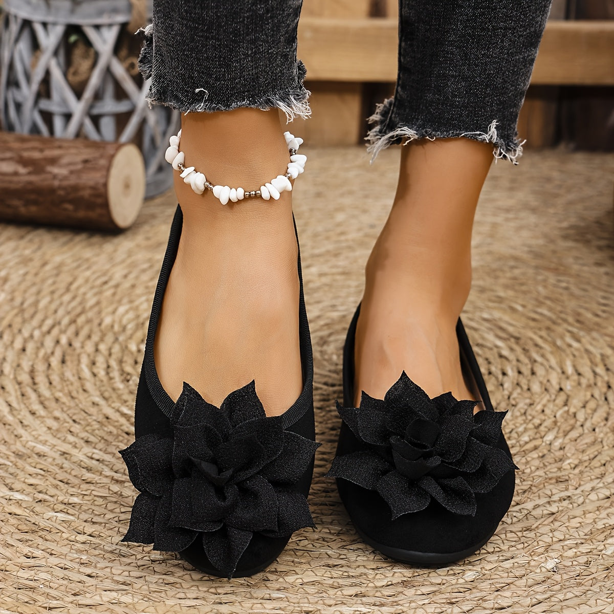 Elegant Women's Black Flats with Floral Accent - Casual Slip-On Mary Jane Style, Lightweight Canvas Upper & Faux Cover Insole, Versatile All-Season Footwear, Ladies Shoes Wide Width