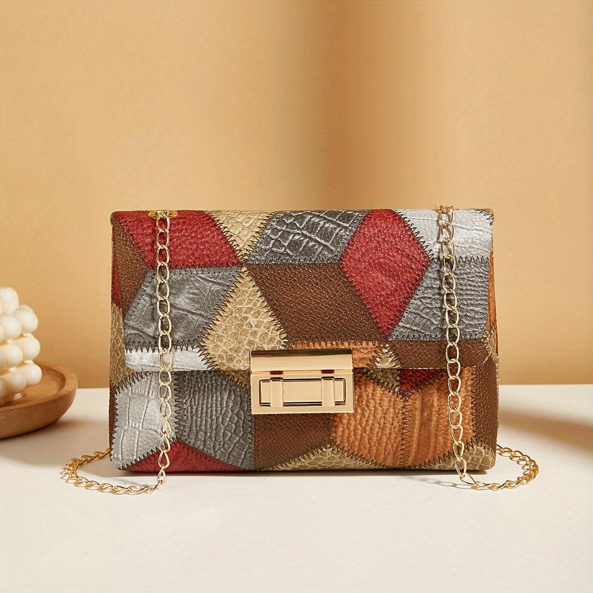 Houndstooth Crossbody Bag, Fashion Chain Shoulder Bag, Women's Flap Square Purse With Lock
