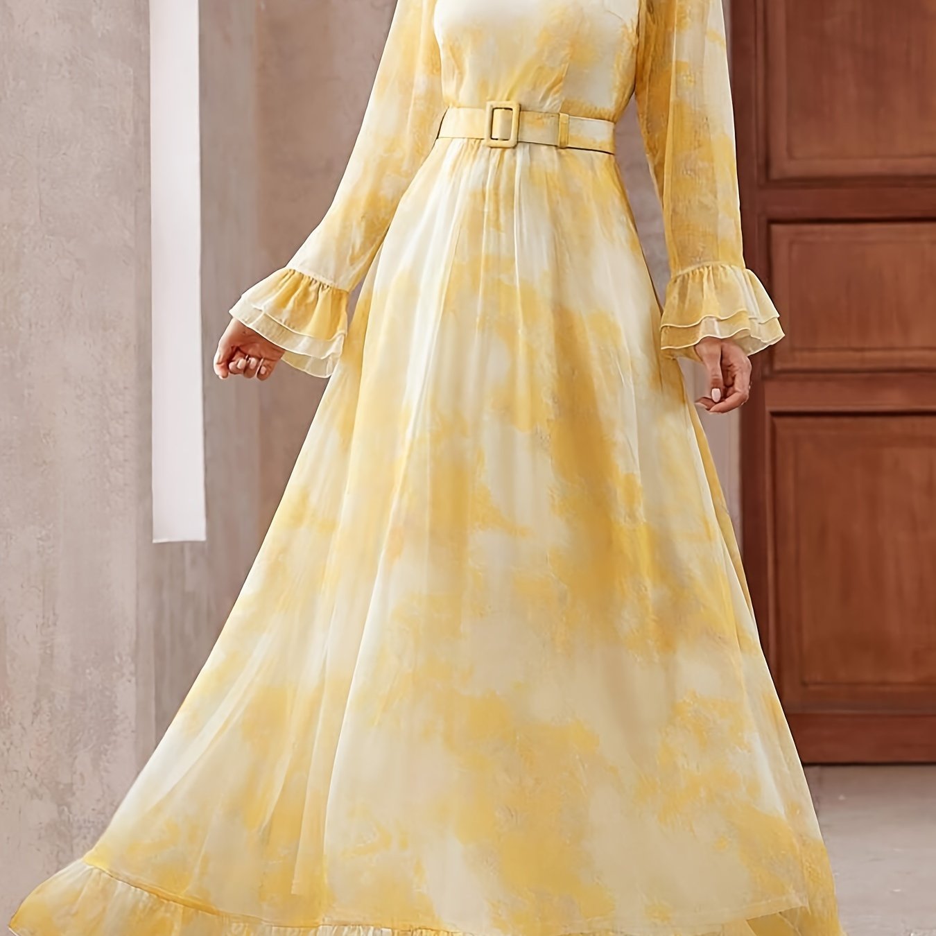 Elegant Long Sleeve Ruffle Hem Swing Maxi Dress for Women, Perfect for Spring & Fall, Flowy and Chic
