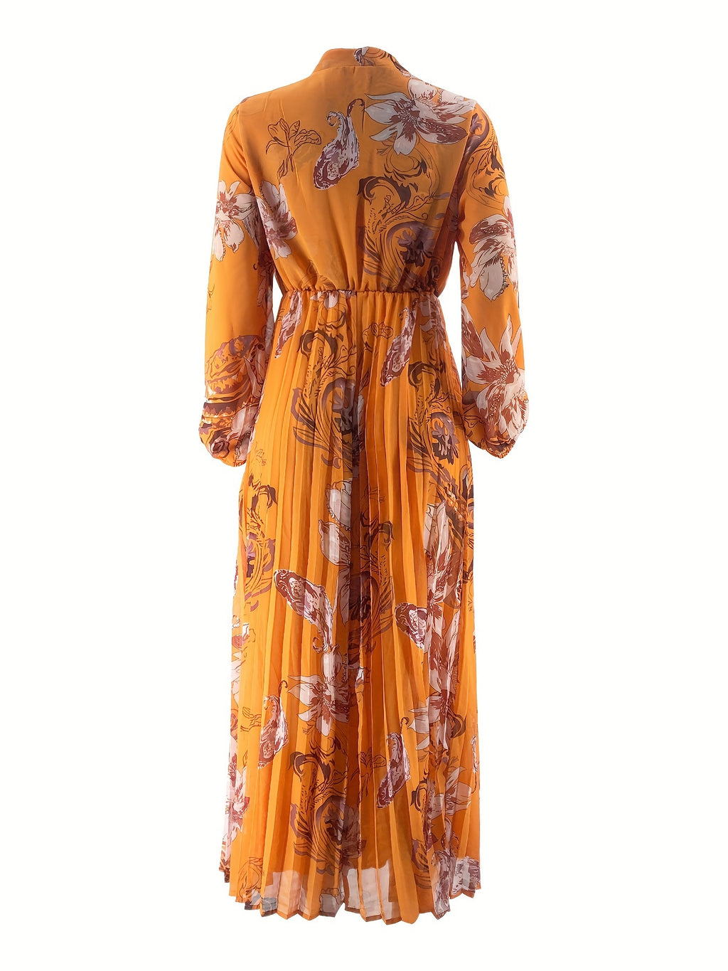 [Modest Kaftan Dress] Modest Long Sleeve Floral Print Kaftan Dress | Women's Pleated Flowy Maxi Dress, Clothing