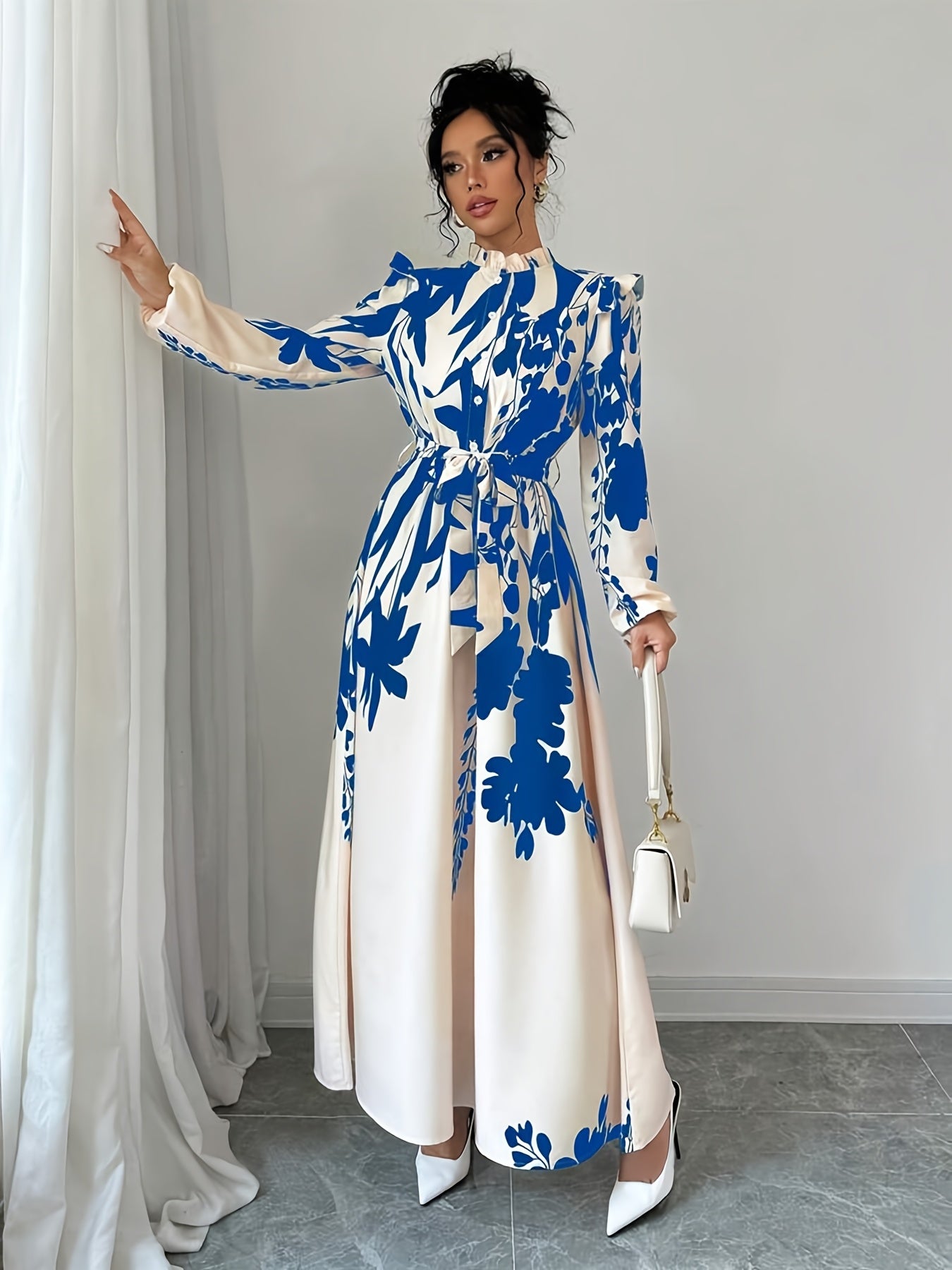 Elegant Floral Print Long Sleeve Dress with Stand Collar and Waist Detail, Polyester A-Line Maxi Dress, with Lantern Sleeves and Ruffle Hem, for Spring/Fall