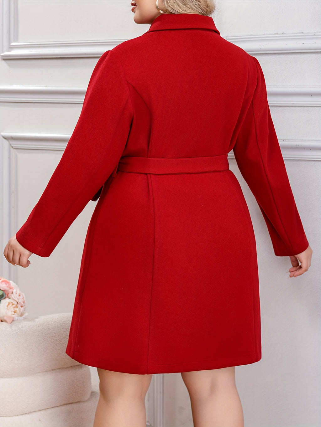 Plus Size Solid Color Double Breasted Overcoat, Elegant Lapel Neck Long Sleeve Outerwear For Fall & Winter, Women's Plus Size Clothing