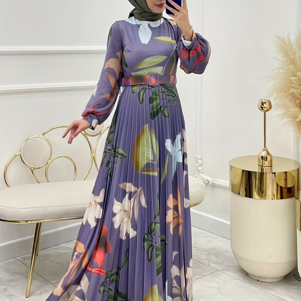 Elegant Floral Pleated Maxi Dress for Women - Long Sleeve, Belted Waist, Polyester & Spandex Blend, Machine Washable