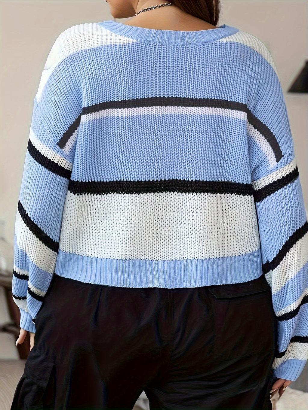 Plus Size Striped Pattern Sweater, Casual Drop Shoulder Crew Neck Knitted Top, Women's Plus Size Clothing