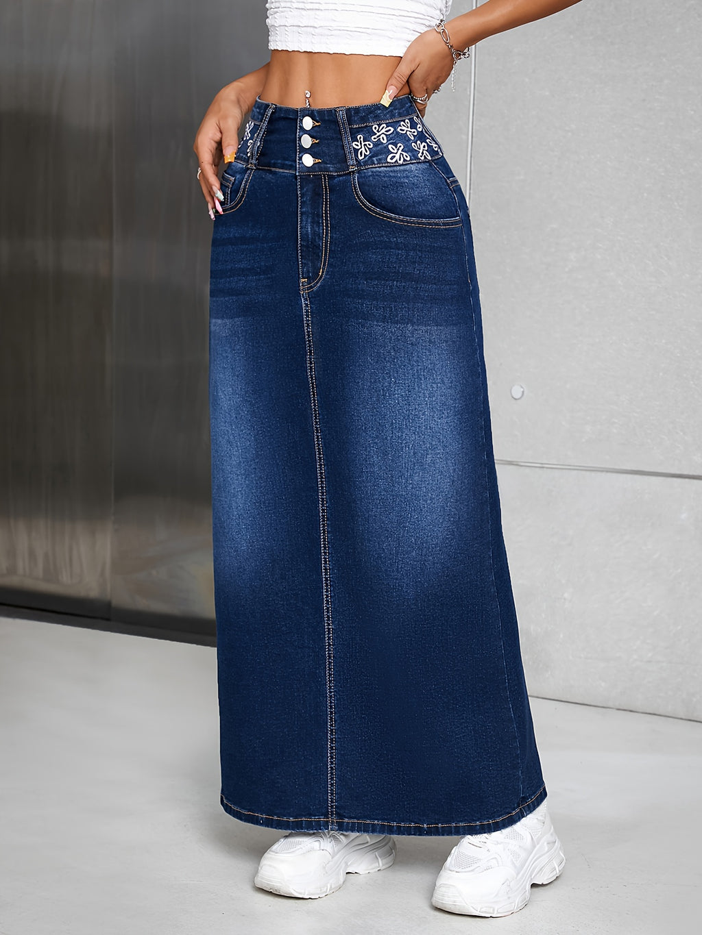 Women's High Rise Maxi Denim Skirt - Floral Embroidered, Single-breasted, Washed, Comfortable, Stylish, and Perfect for Casual Occasions