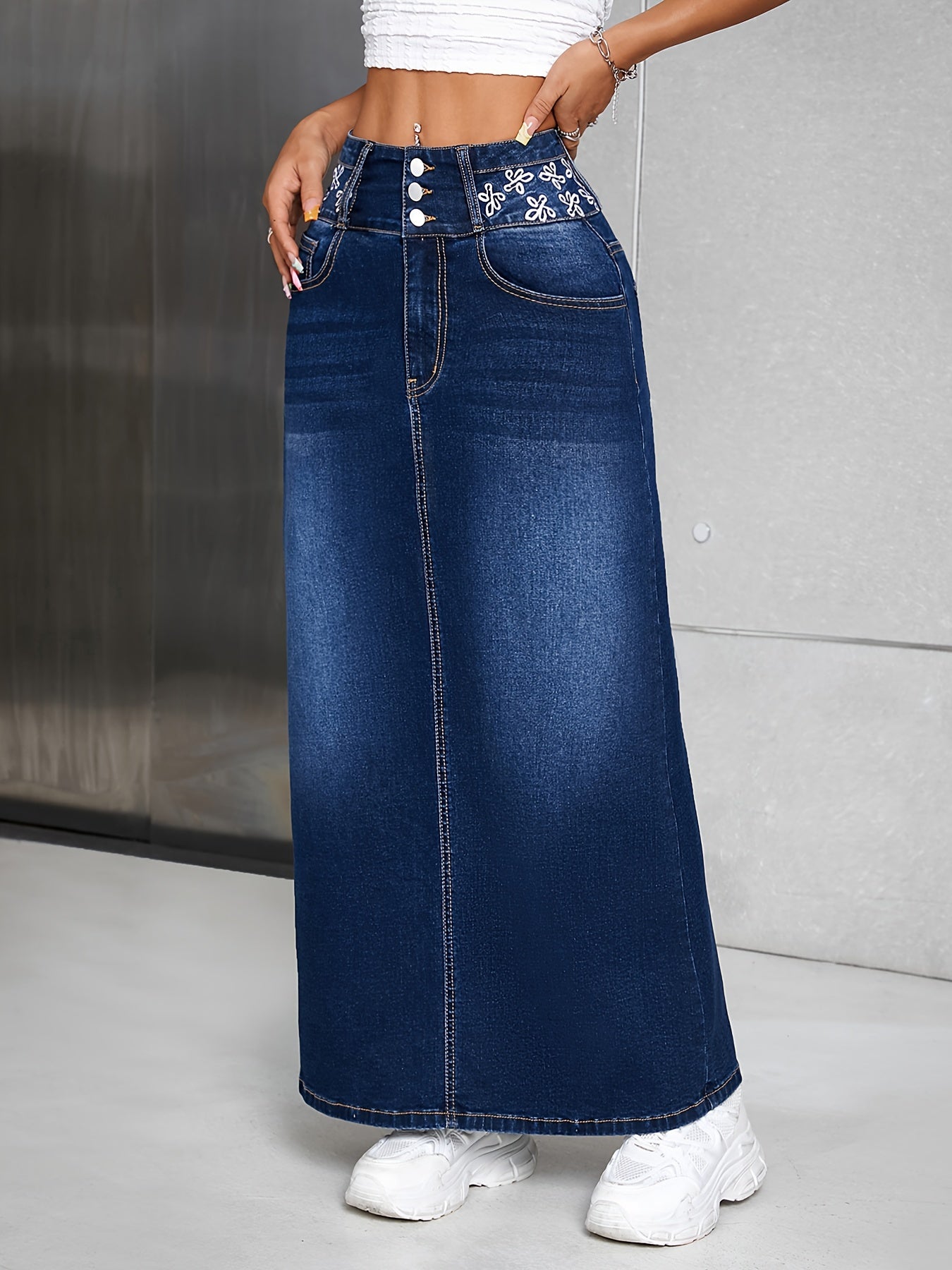 Women's High Rise Maxi Denim Skirt - Floral Embroidered, Single-breasted, Washed, Comfortable, Stylish, and Perfect for Casual Occasions
