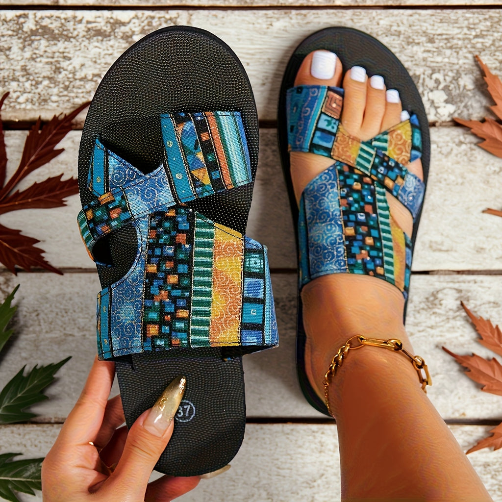 Women's Bohemian - Turquoise/Orange/Brown/Beige/Black/Golden Multi-Color Strap djustable Crossover Strap with Cushioned PU Insole & Non-Slip Rubber Sole - Breathable Open-Toe Summer Beach Slippers for Casual, Festival & Boho