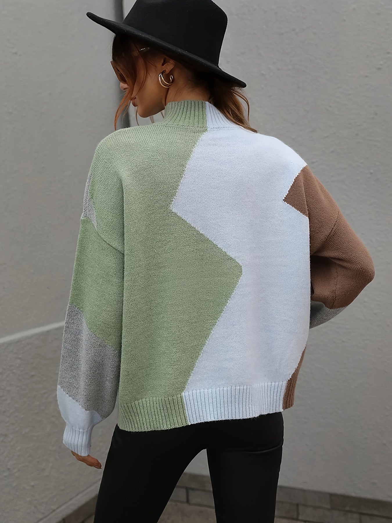 Plus Size Color Block Turtle Neck Sweater, Long Sleeve Elegant Sweater For Spring & Winter, Women's Plus Size Clothing