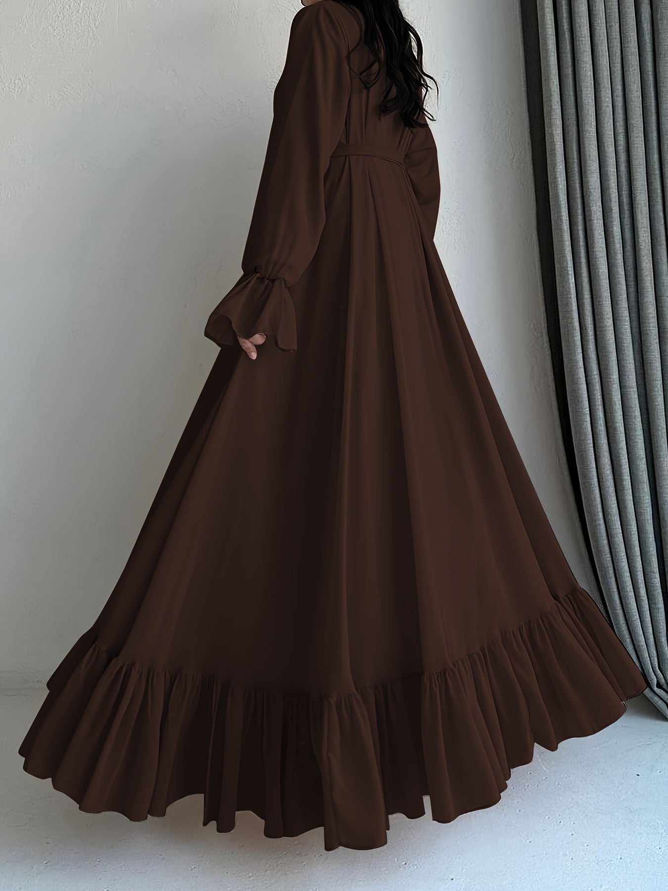 Stunning Solid Color Belted Peplum Maxi Dress - Elegant Abayas for Women with Long Sleeves, Pleated Design, and Flattering Silhouette for Spring and Fall Seasons - Chic and Modest Clothing for Ladies