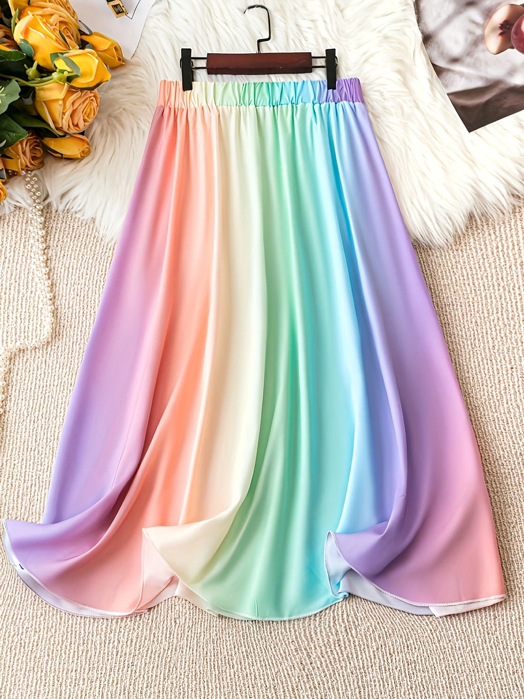 Plus Size Ombre Print Elastic Waist Skirt, Casual Skirt For Spring & Summer, Women's Plus Size Clothing