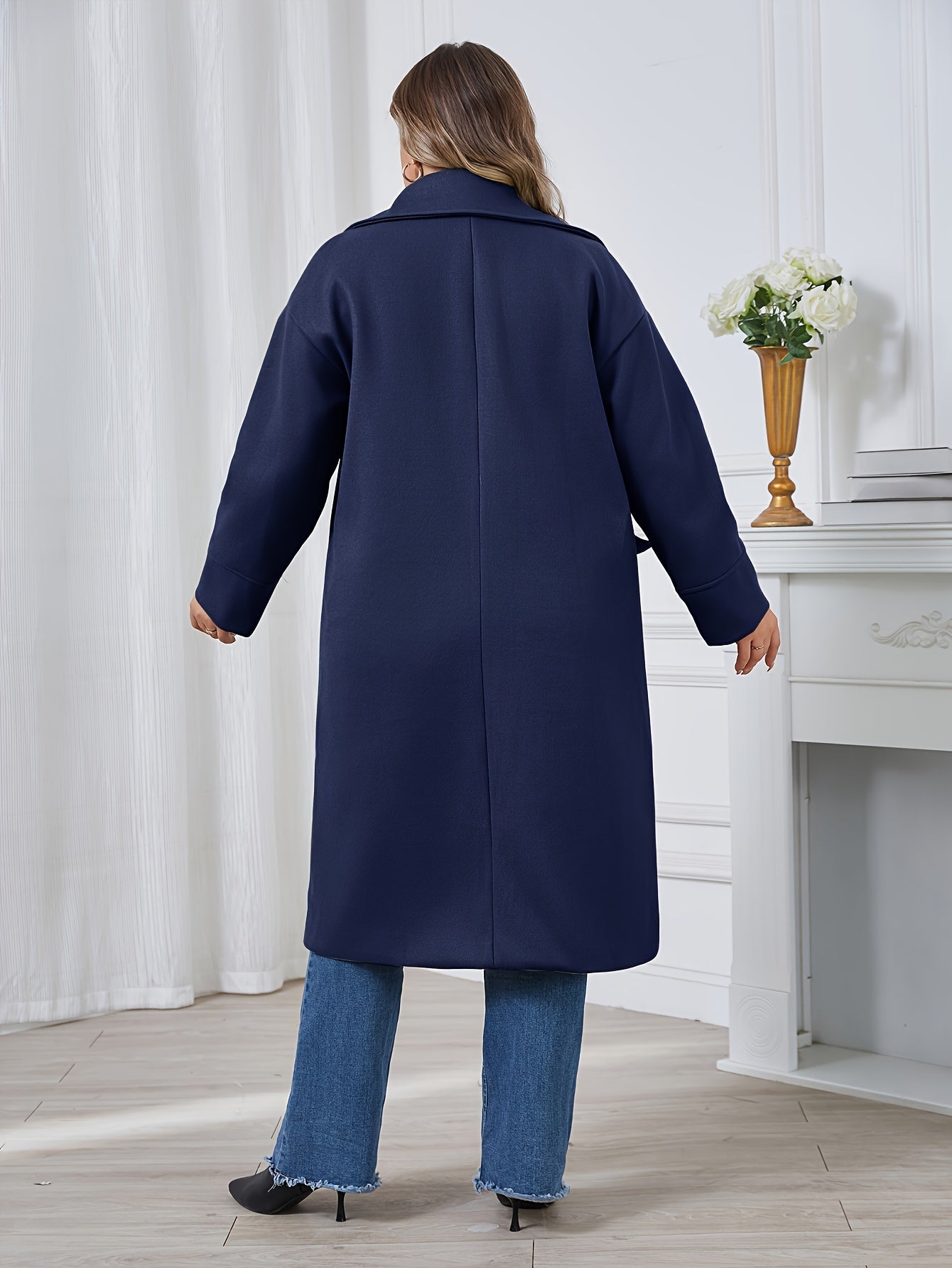 Plus Size Solid Button Coat, Casual Long Sleeve Lapel Outwear For Fall & Winter, Women's Plus Size Clothing