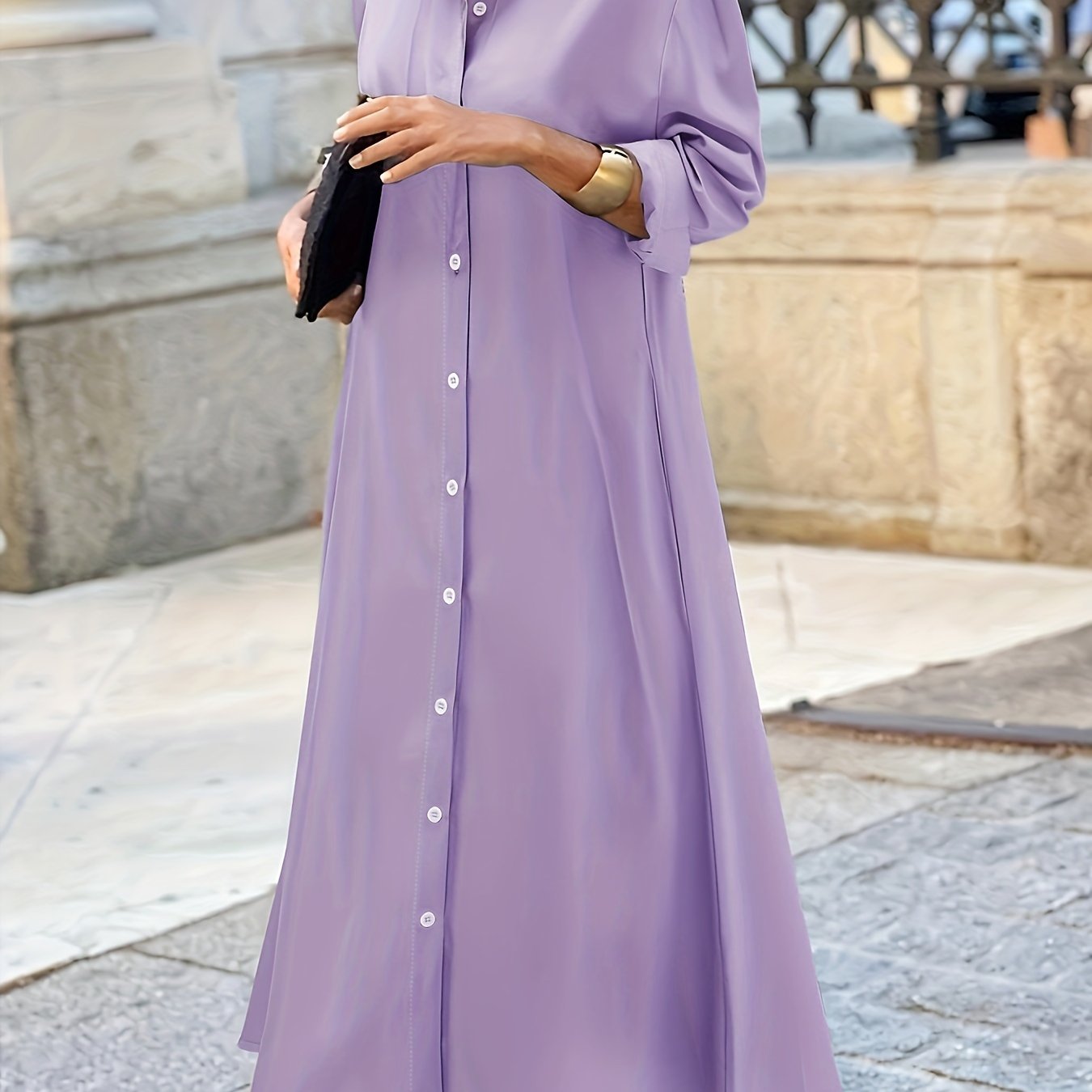 Stylish Plus Size Button Front Polo Collar Long Sleeve Dress - Women's Plus Size Clothing, Casual Solid Color Dresses for Work or Daily Wear - Easy to Match and Comfortable to Wear