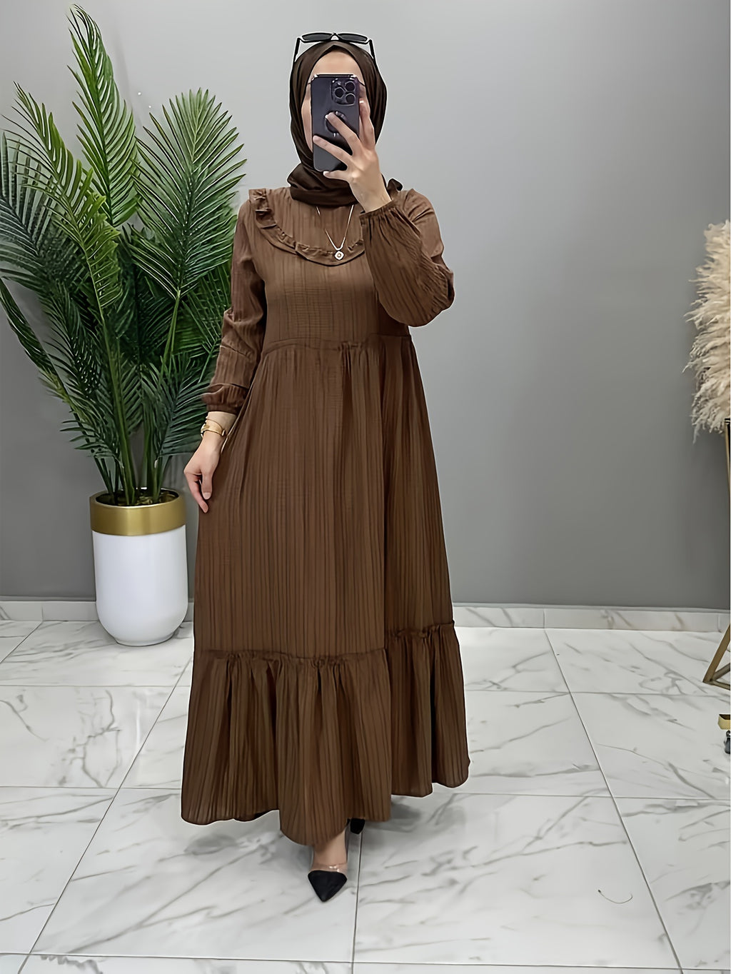 Ruched Trim Crew Neck Kaftan Dress Without Headscarf, Elegant Long Sleeve Ruffle Hem Loose Maxi Dress, Women's Clothing