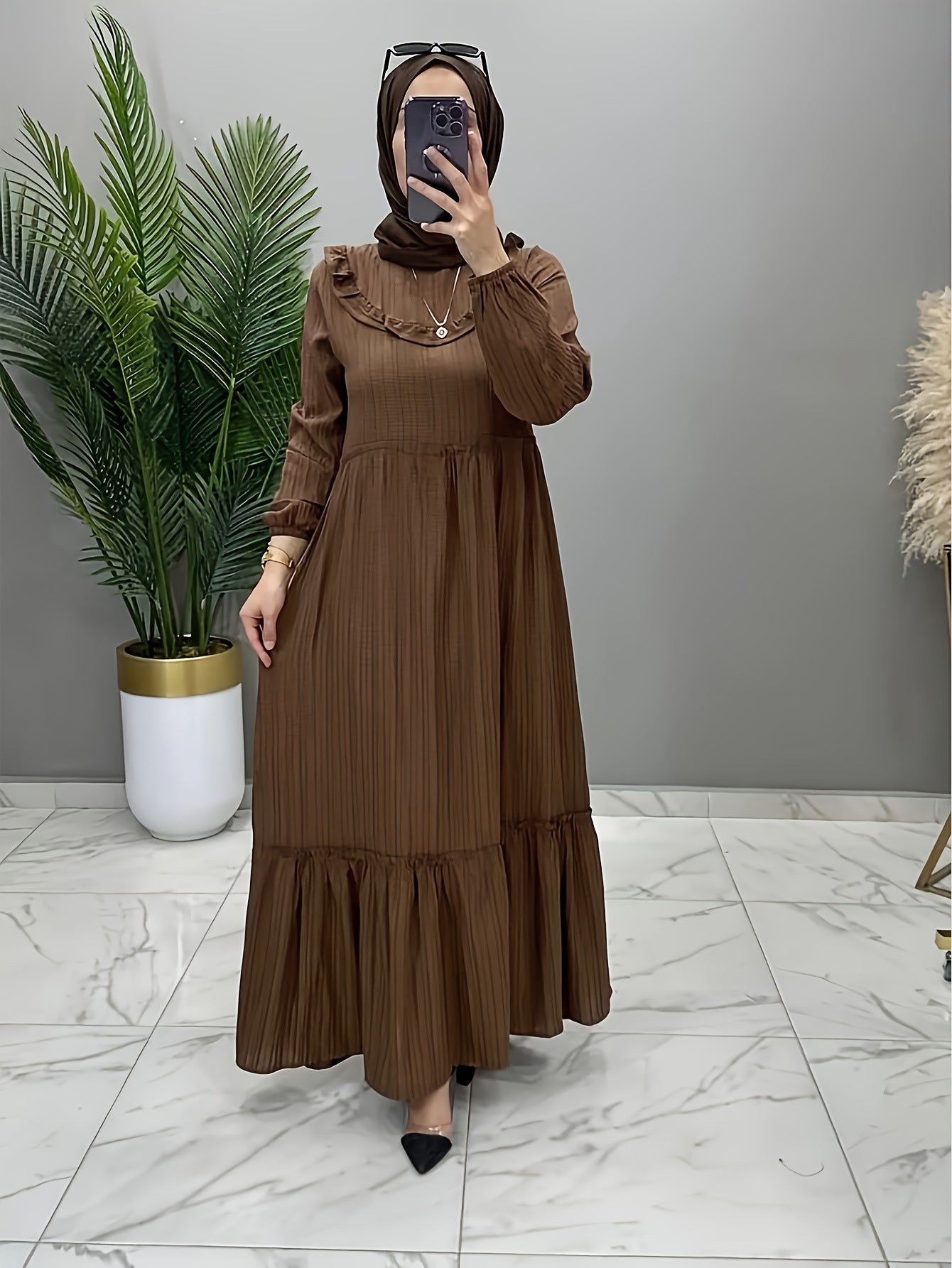 Ruched Trim Crew Neck Kaftan Dress Without Headscarf, Elegant Long Sleeve Ruffle Hem Loose Maxi Dress, Women's Clothing