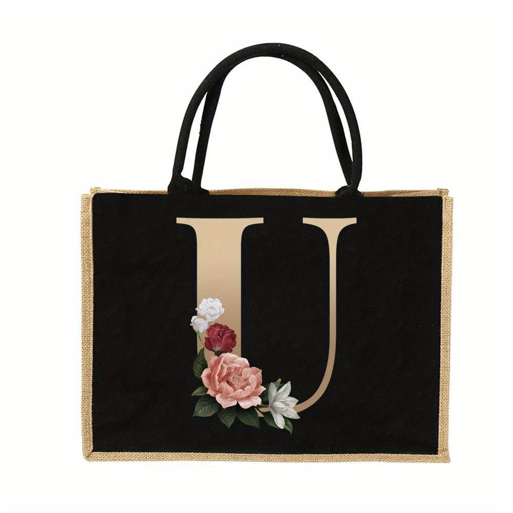 Floral Print Women's Reusable Jute Tote Bags with Golden Letters (K, M, I, N) - Large Capacity Shopping Bags, Durable S for Groceries & Shopping, Shopping Bag|Decorative Tote|Durable Handle, Tote Bag