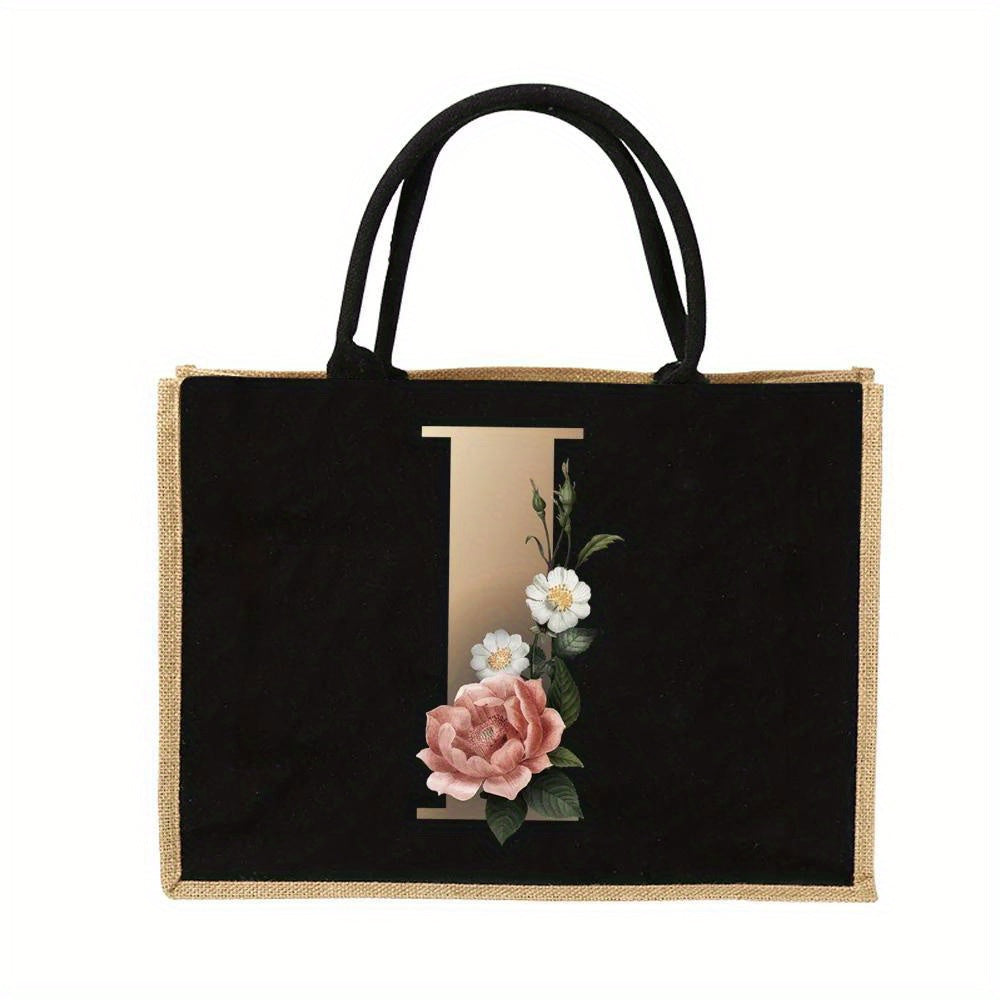Floral Print Women's Reusable Jute Tote Bags with Golden Letters (K, M, I, N) - Large Capacity Shopping Bags, Durable S for Groceries & Shopping, Shopping Bag|Decorative Tote|Durable Handle, Tote Bag